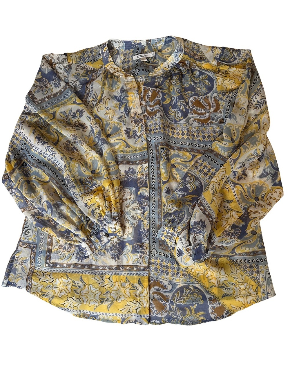 Chico’s Blue Yellow Tile Print Blouse Size 2 US 12 Long Sleeve Boho Resort Fall